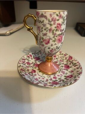Vintage Floral Porcelain Demitasse Cup & Saucer with Gold Handle